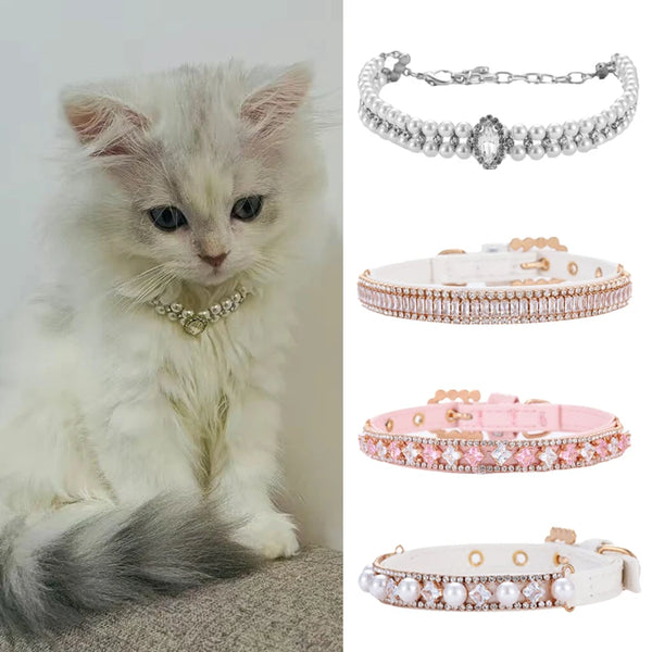 Pearl Rhinestone Cat and Puppy Necklace Collar