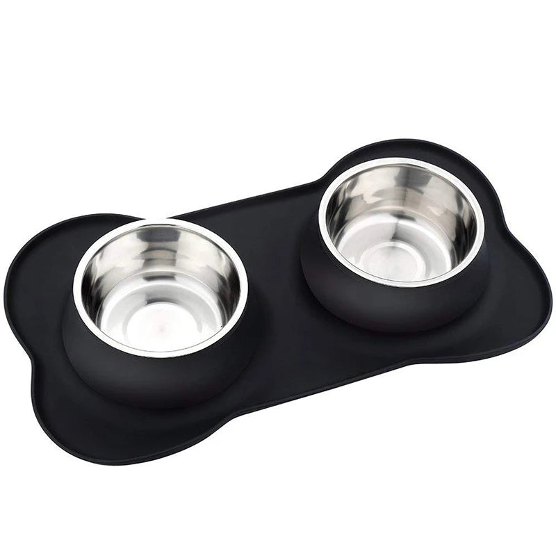 Anti-Slip Double Pet Bowl with Silicone Mat and Steel Dishes
