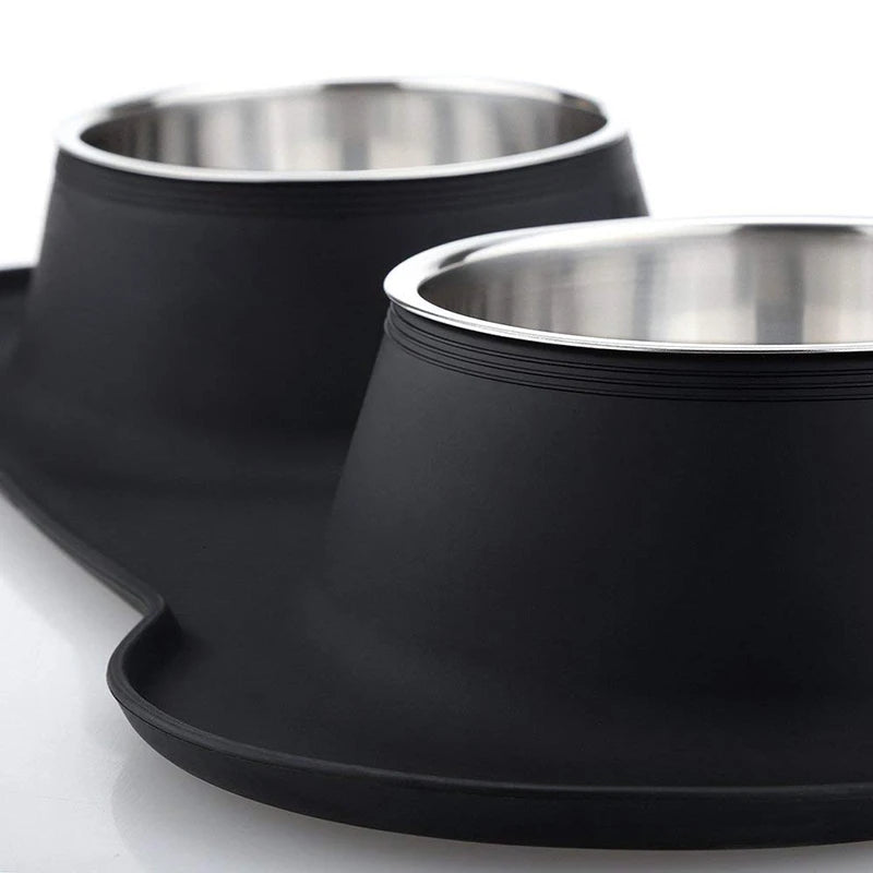 Anti-Slip Double Pet Bowl with Silicone Mat and Steel Dishes