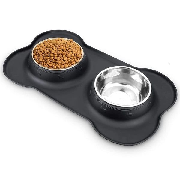 Anti-Slip Double Pet Bowl with Silicone Mat and Steel Dishes