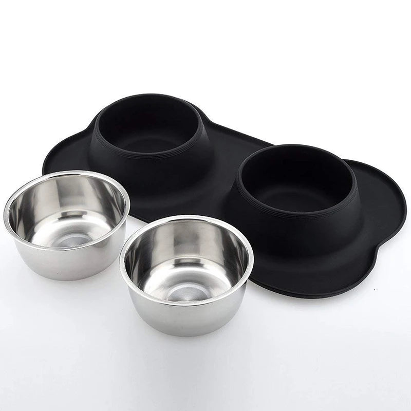 Anti-Slip Double Pet Bowl with Silicone Mat and Steel Dishes