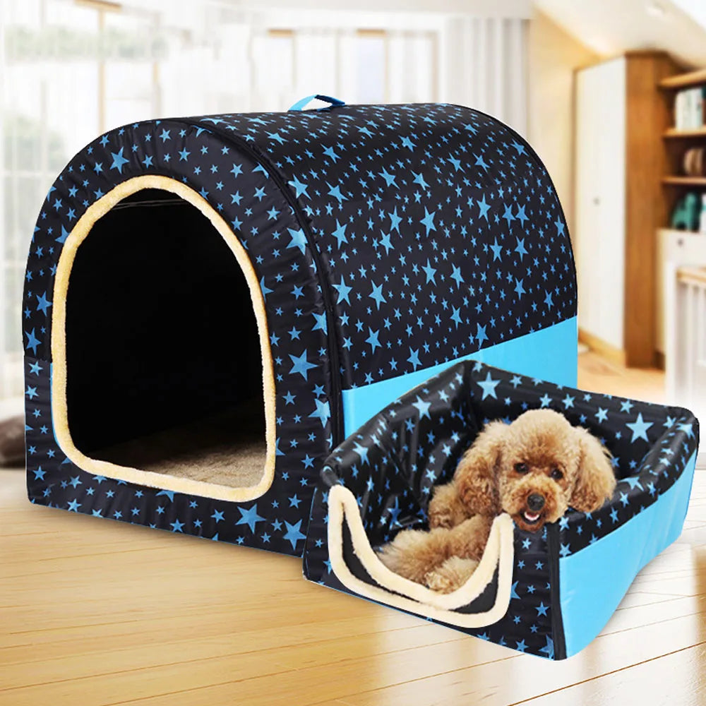 Foldable Star Print Dog House Kennel with Removable Cover