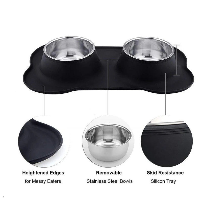 Anti-Slip Double Pet Bowl with Silicone Mat and Steel Dishes