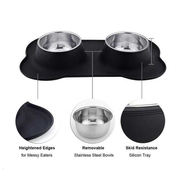 Anti-Slip Double Pet Bowl with Silicone Mat and Steel Dishes
