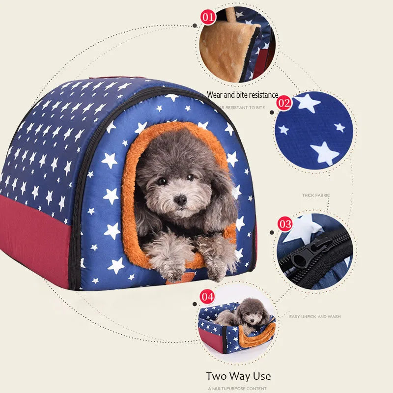 Foldable Star Print Dog House Kennel with Removable Cover