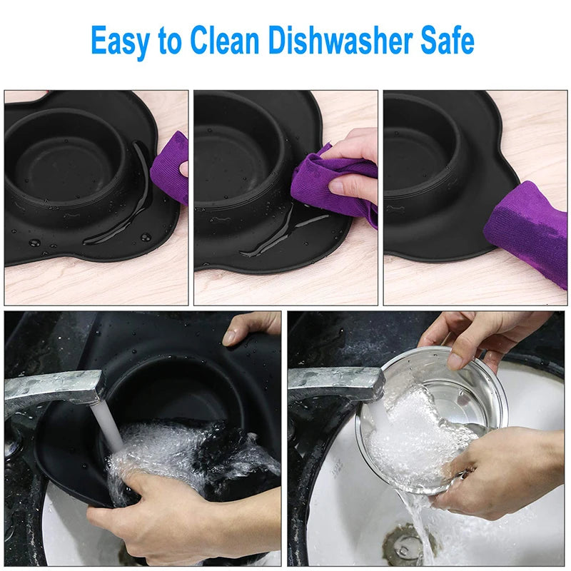 Anti-Slip Double Pet Bowl with Silicone Mat and Steel Dishes