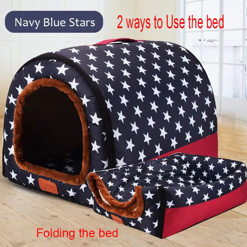 Foldable Star Print Dog House Kennel with Removable Cover