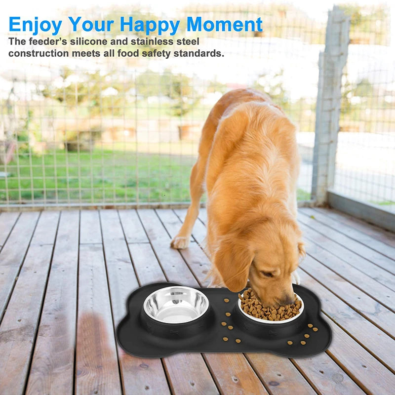Anti-Slip Double Pet Bowl with Silicone Mat and Steel Dishes