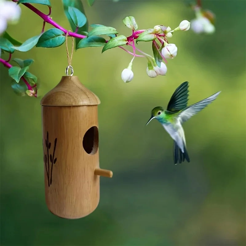Wooden Hanging Hummingbird House for Garden Decor
