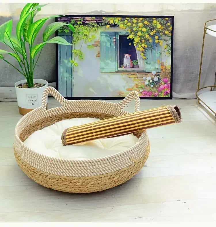 Woven Bamboo Summer Cat Bed with Removable Upholstery