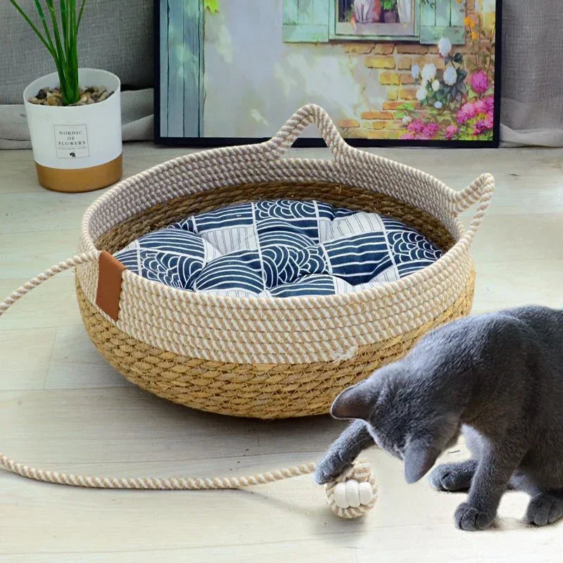 Woven Bamboo Summer Cat Bed with Removable Upholstery