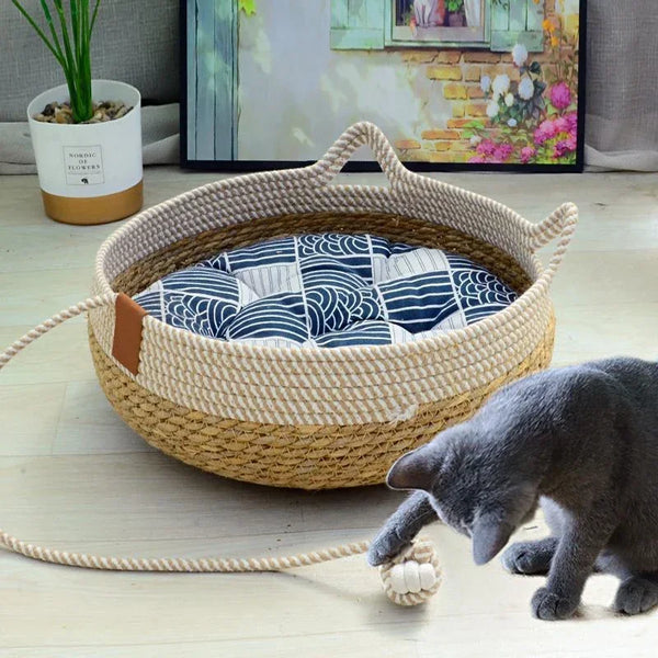 Woven Bamboo Summer Cat Bed with Removable Upholstery