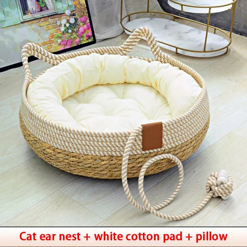 Woven Bamboo Summer Cat Bed with Removable Upholstery