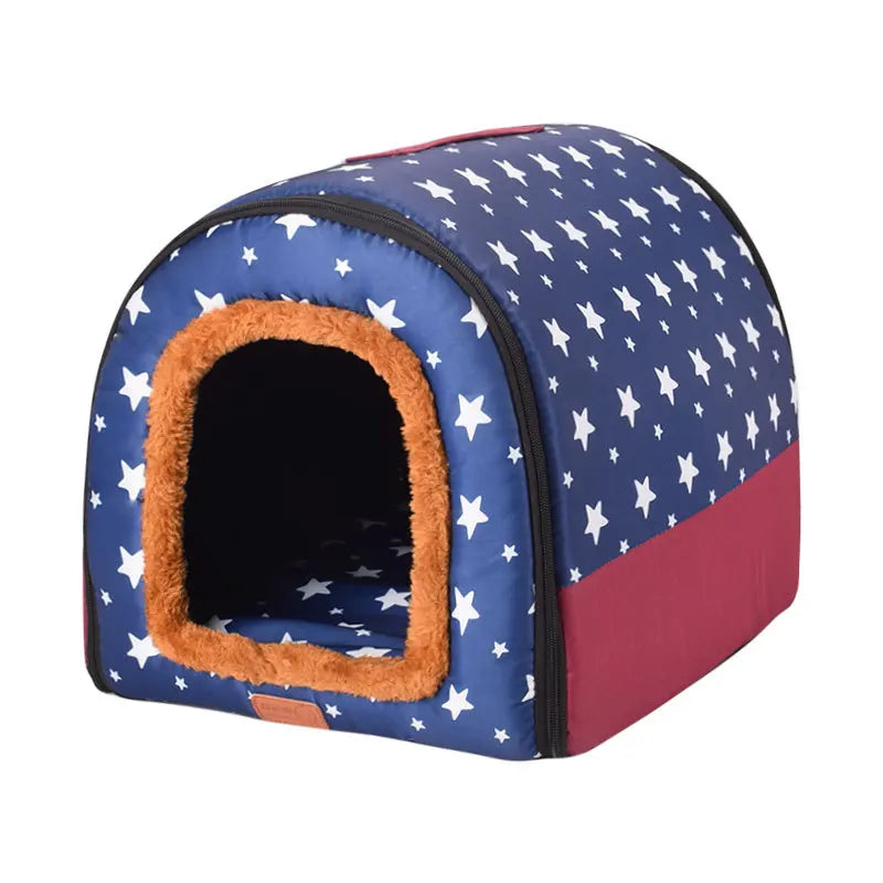 Foldable Star Print Dog House Kennel with Removable Cover