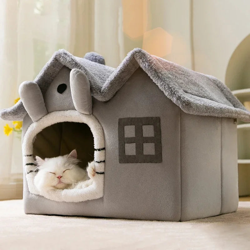 Foldable Coral Fleece Cat House Bed for Deep Sleep