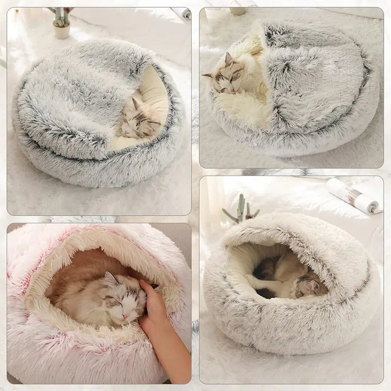 Round Plush Covered Cat Cave Bed for Small Pets