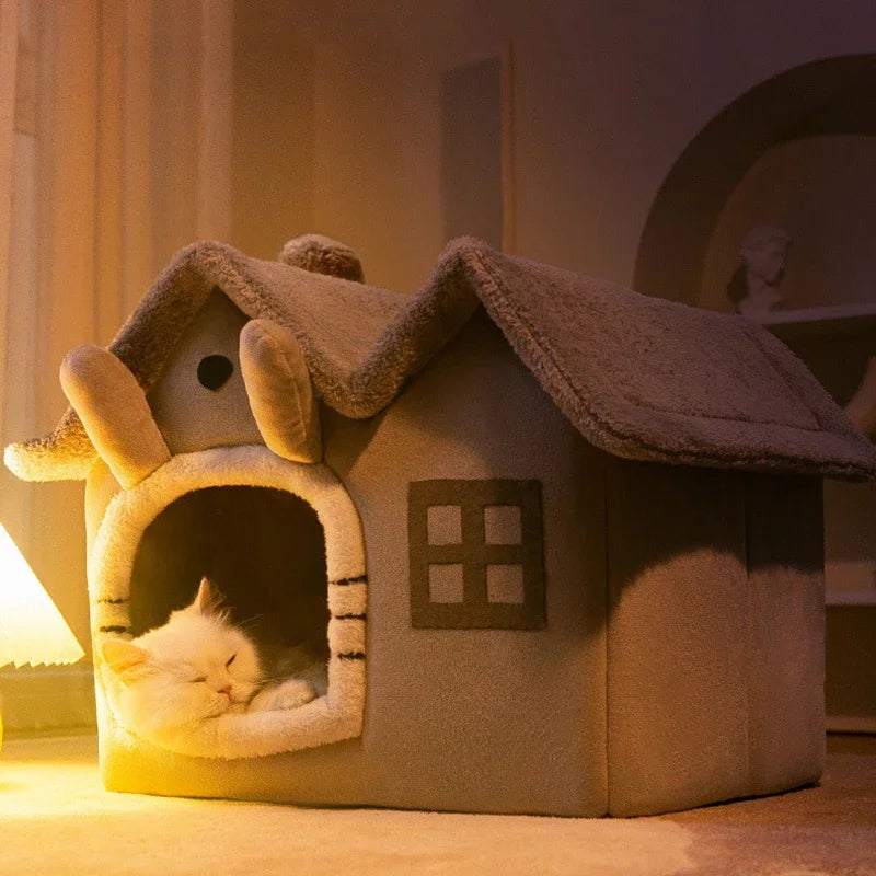Foldable Coral Fleece Cat House Bed for Deep Sleep