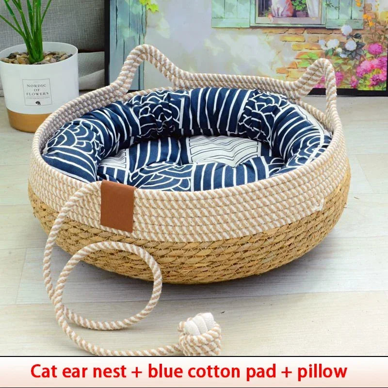 Woven Bamboo Summer Cat Bed with Removable Upholstery