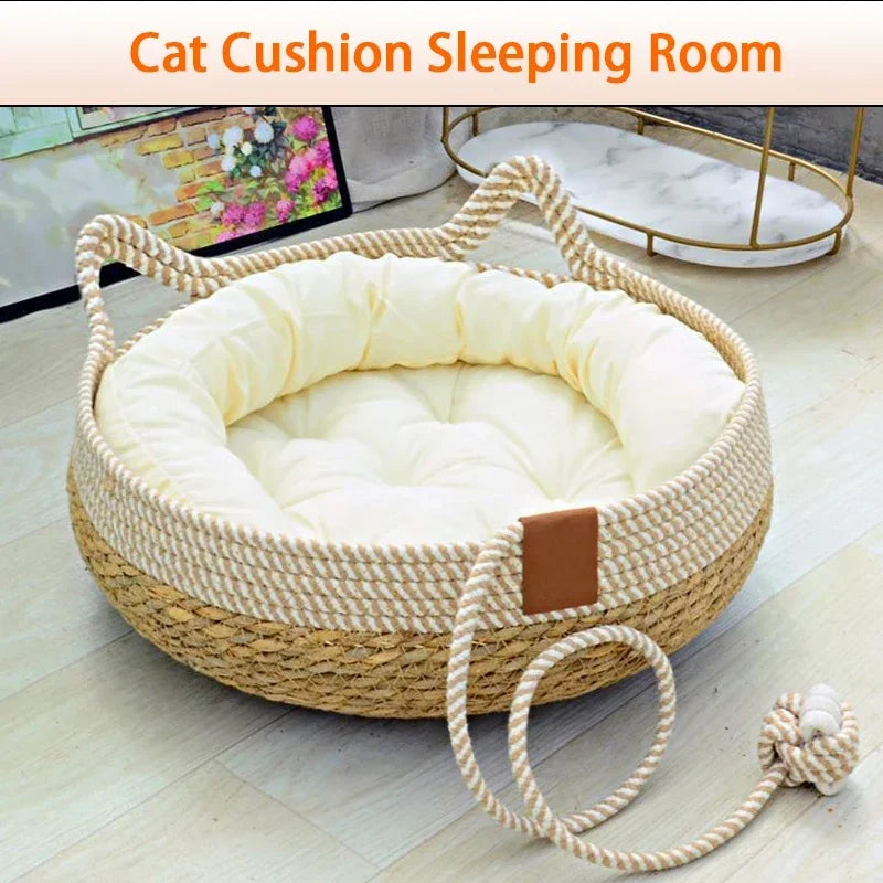 Woven Bamboo Summer Cat Bed with Removable Upholstery