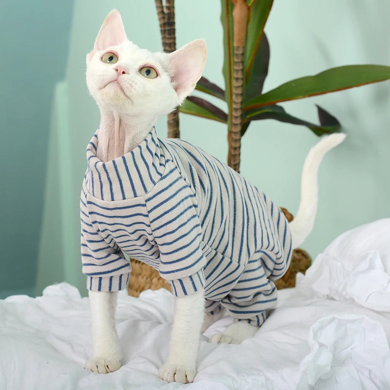 Soft Cotton 4-Legged Sphynx Cat Jumpsuit with Striped Design