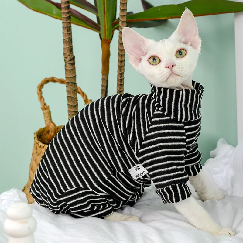 Soft Cotton 4-Legged Sphynx Cat Jumpsuit with Striped Design