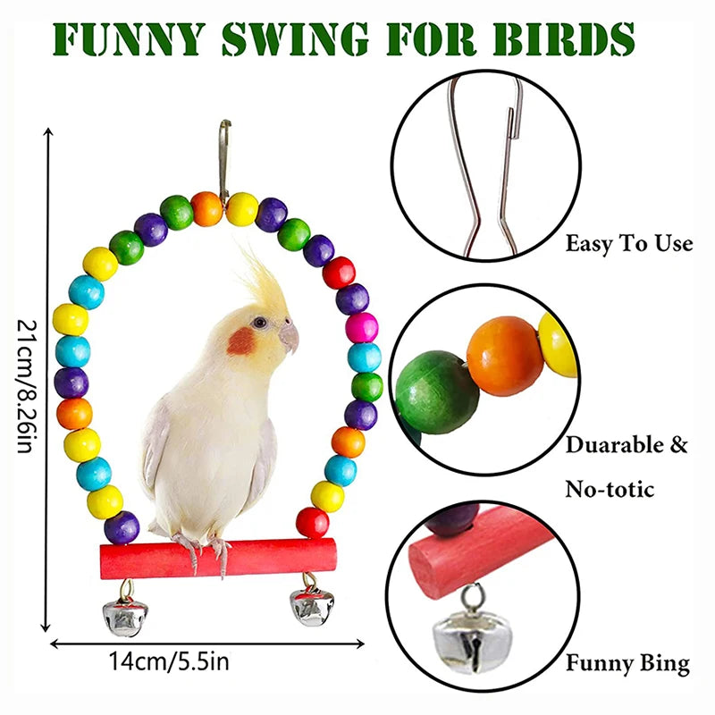 7-Piece Wooden Parrot Toy Set with Swing and Bells