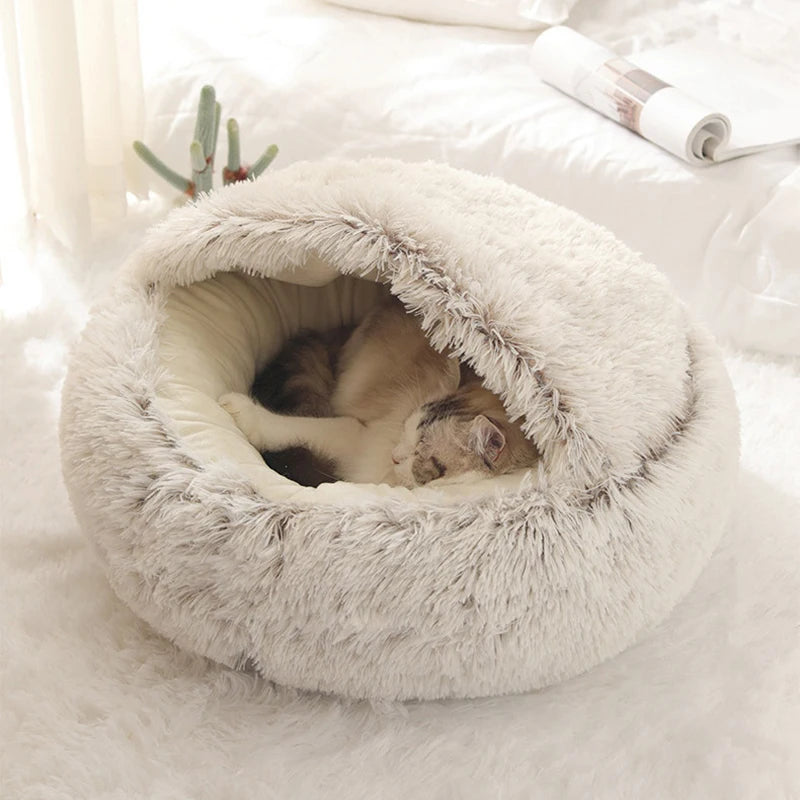Round Plush Covered Cat Cave Bed for Small Pets