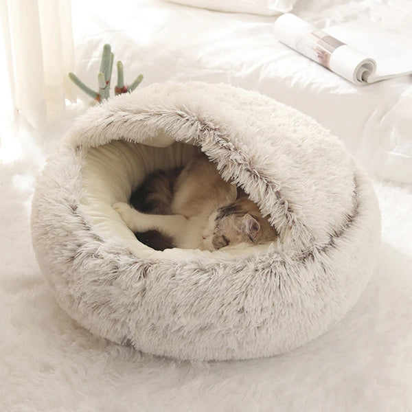 Round Plush Covered Cat Cave Bed for Small Pets