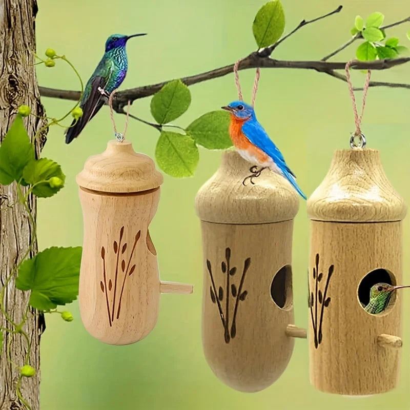 Wooden Hanging Hummingbird House for Garden Decor