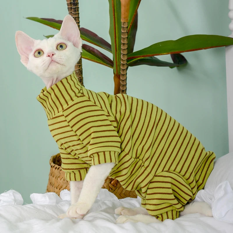 Soft Cotton 4-Legged Sphynx Cat Jumpsuit with Striped Design