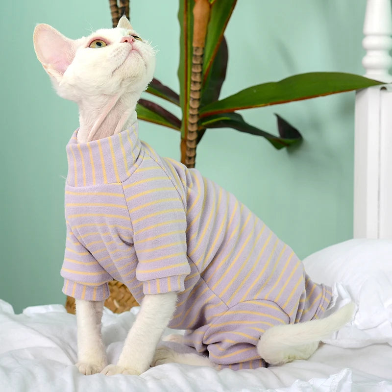 Soft Cotton 4-Legged Sphynx Cat Jumpsuit with Striped Design