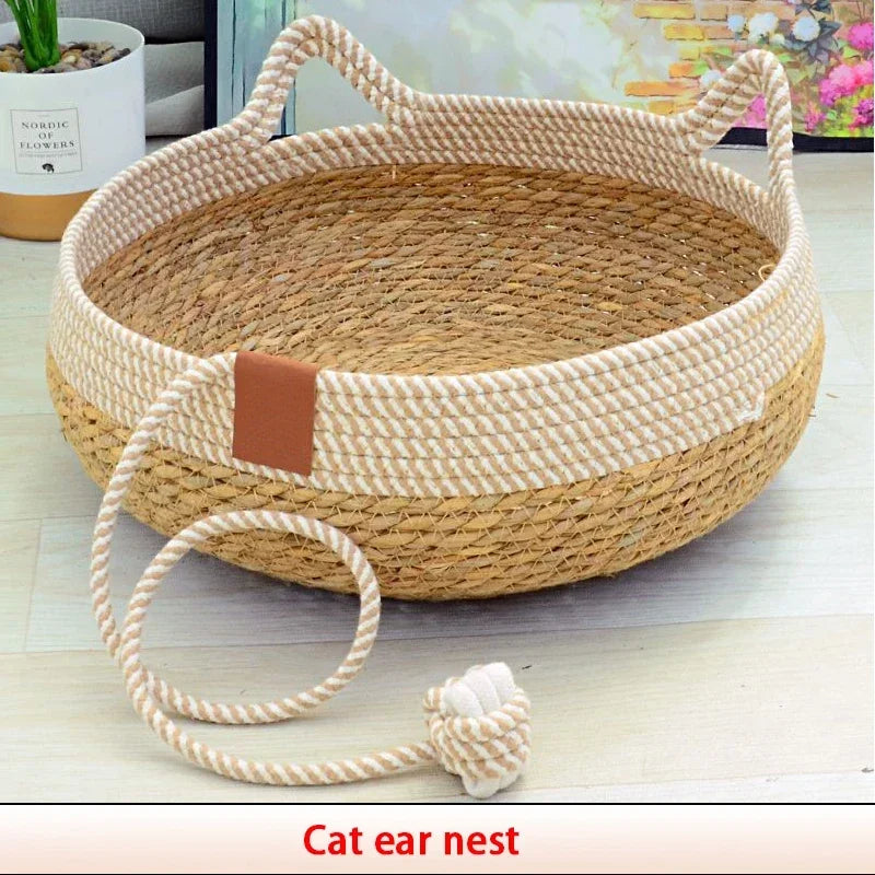 Woven Bamboo Summer Cat Bed with Removable Upholstery