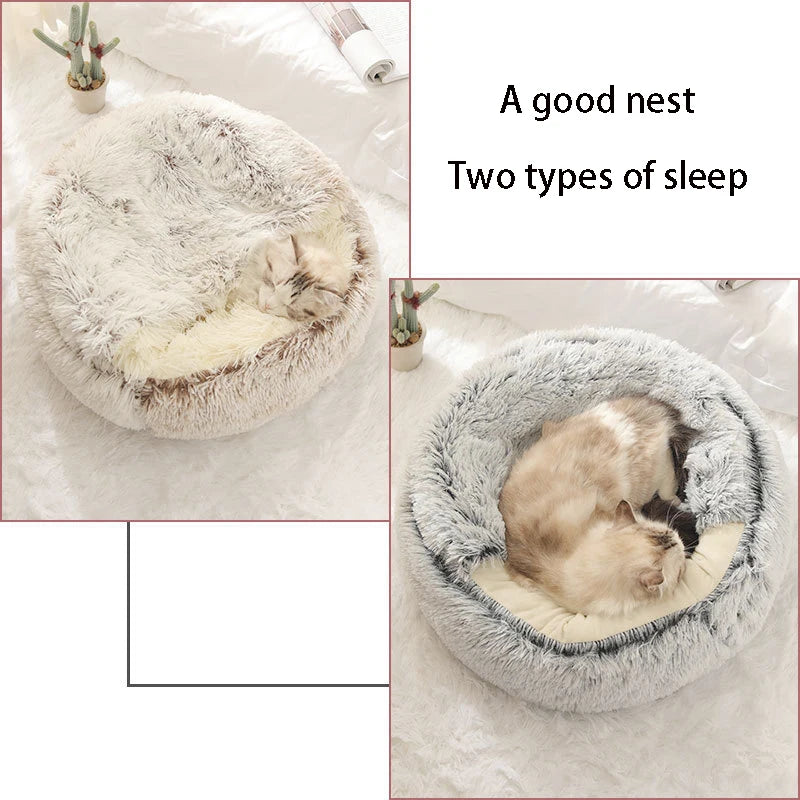 Round Plush Covered Cat Cave Bed for Small Pets