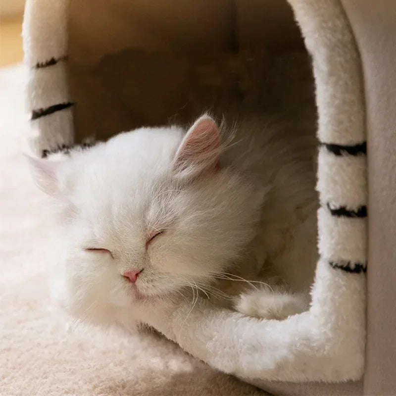 Foldable Coral Fleece Cat House Bed for Deep Sleep