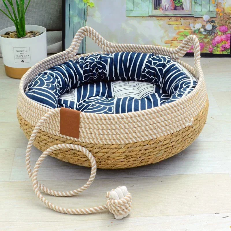 Woven Bamboo Summer Cat Bed with Removable Upholstery