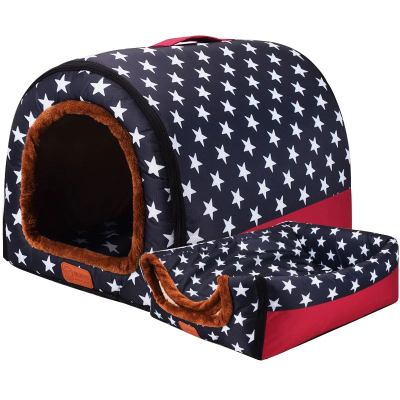 Foldable Star Print Dog House Kennel with Removable Cover