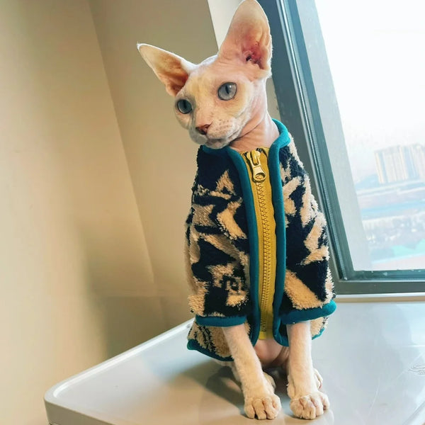 Ollie Velvet Zipper Jacket for Sphynx and Devon Rex Cats