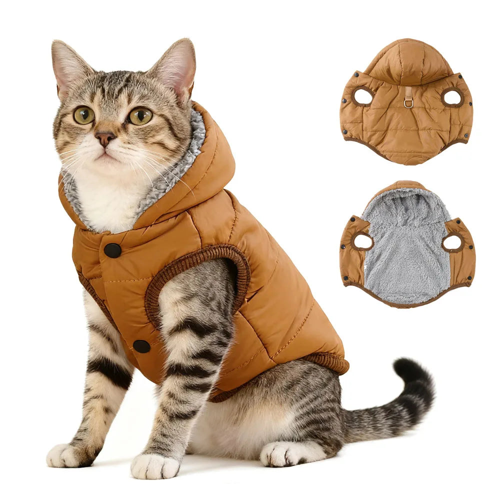 Hooded Fleece Winter Coat with D-Ring for Cats and Small Dogs