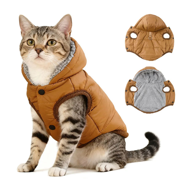 Hooded Fleece Winter Coat with D-Ring for Cats and Small Dogs