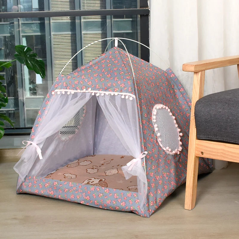 Floral Semi-Enclosed Cat Tent Nest for All Seasons
