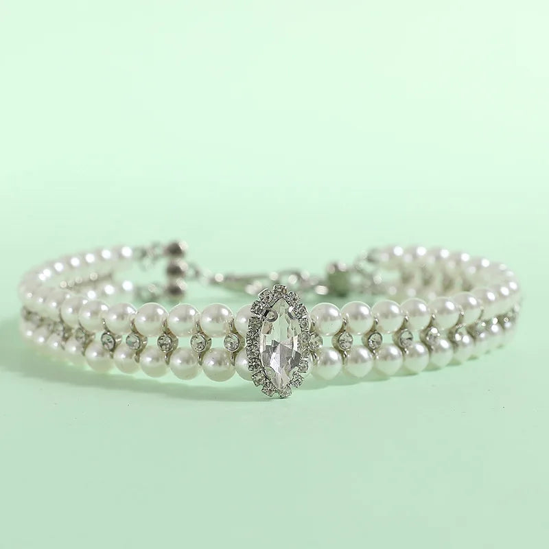 Pearl Rhinestone Cat and Puppy Necklace Collar