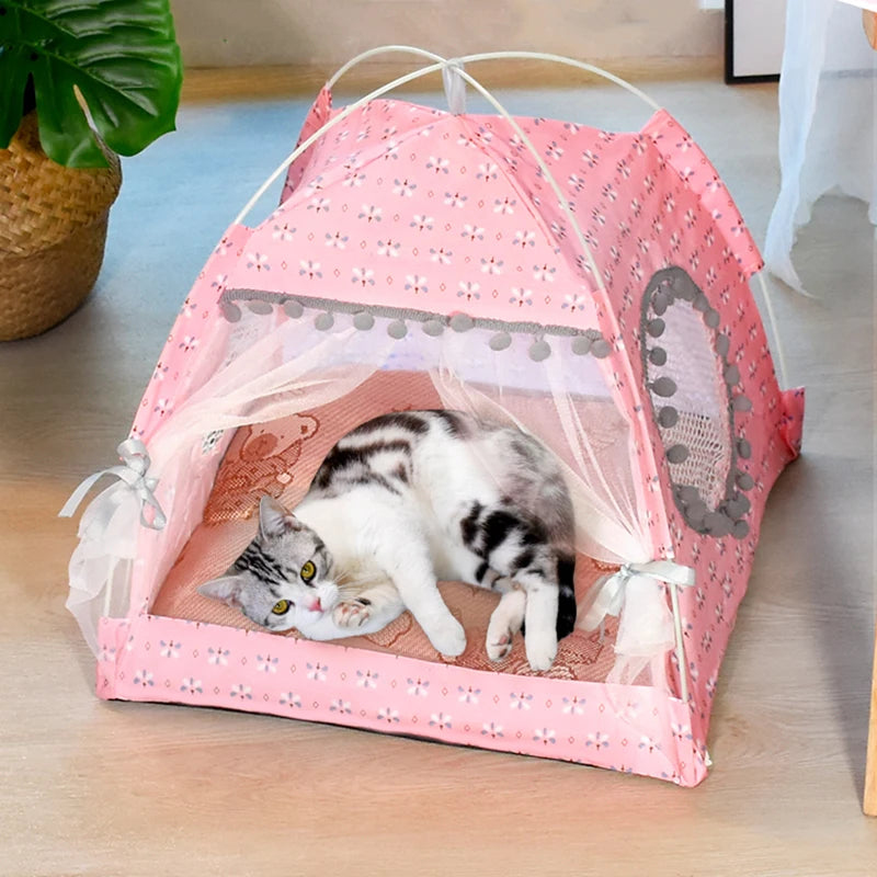 Floral Semi-Enclosed Cat Tent Nest for All Seasons