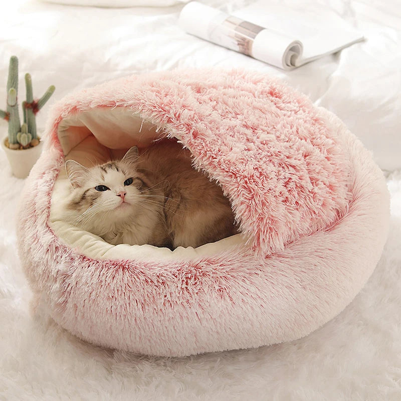 Round Plush Covered Cat Cave Bed for Small Pets