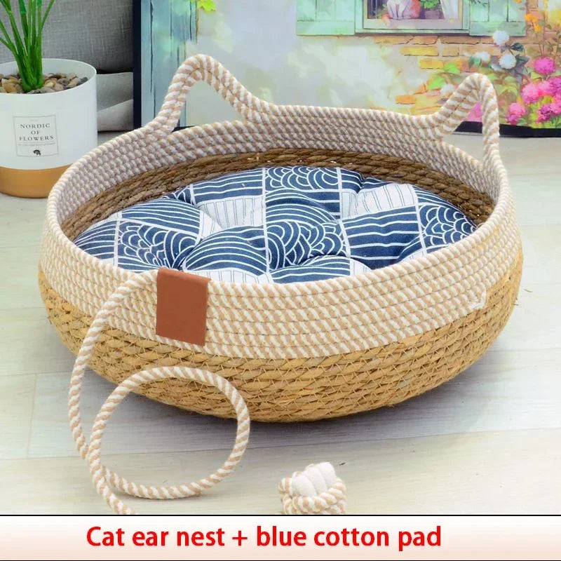 Woven Bamboo Summer Cat Bed with Removable Upholstery