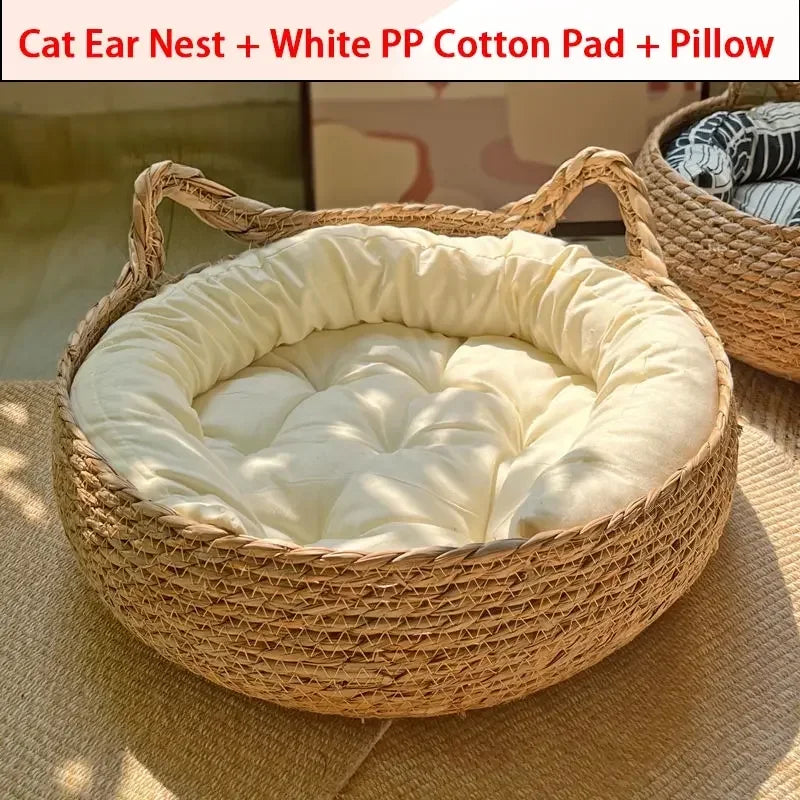 Woven Bamboo Summer Cat Bed with Removable Upholstery