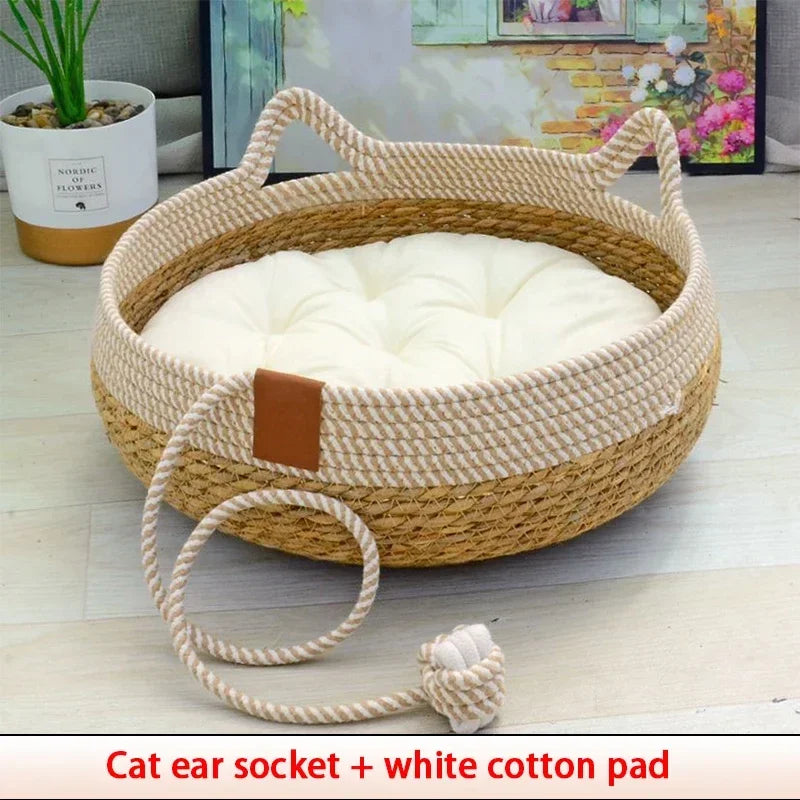 Woven Bamboo Summer Cat Bed with Removable Upholstery
