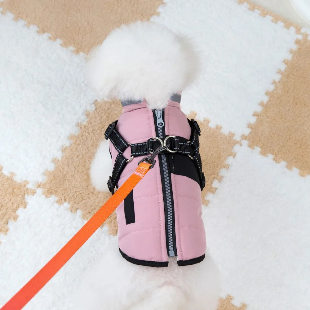 Adjustable Windproof Dog Jacket With Harness Zipper