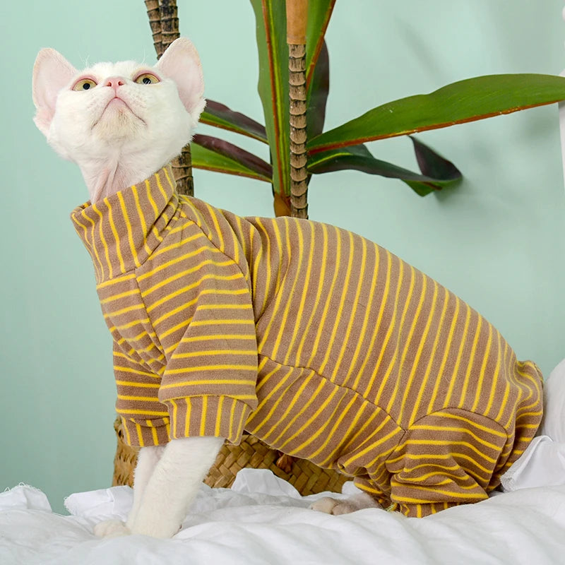 Soft Cotton 4-Legged Sphynx Cat Jumpsuit with Striped Design
