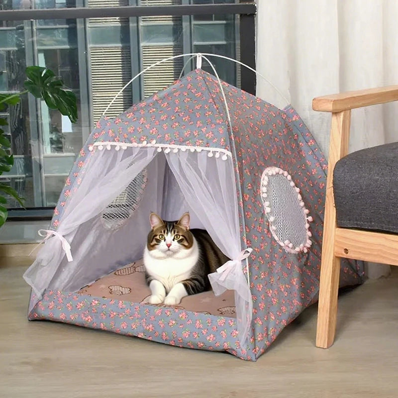 Floral Semi-Enclosed Cat Tent Nest for All Seasons