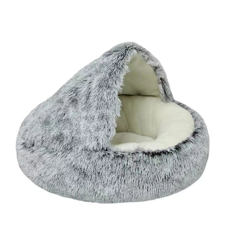 Round Plush Covered Cat Cave Bed for Small Pets